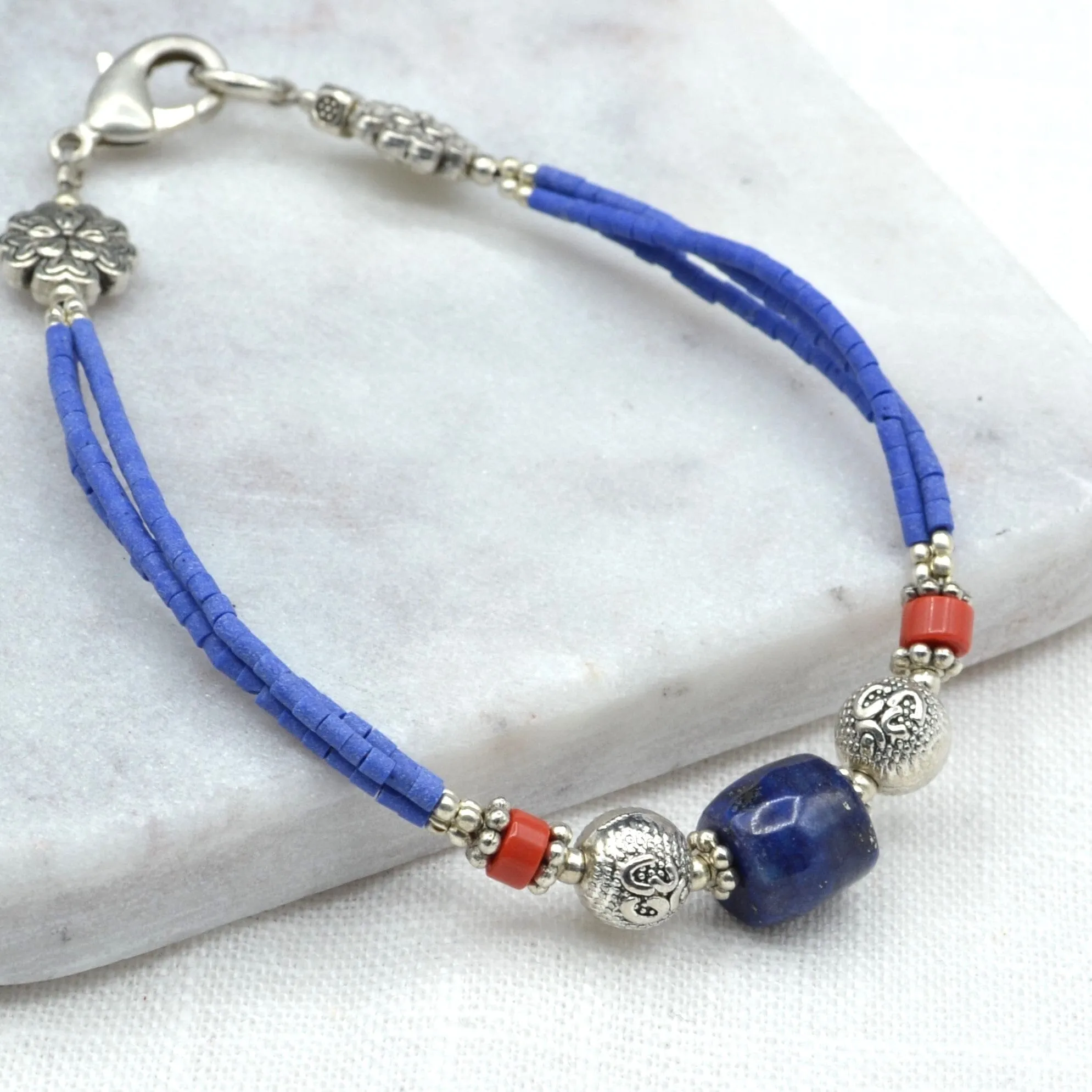 Lapis with Coral Bead Tibetan Bracelet