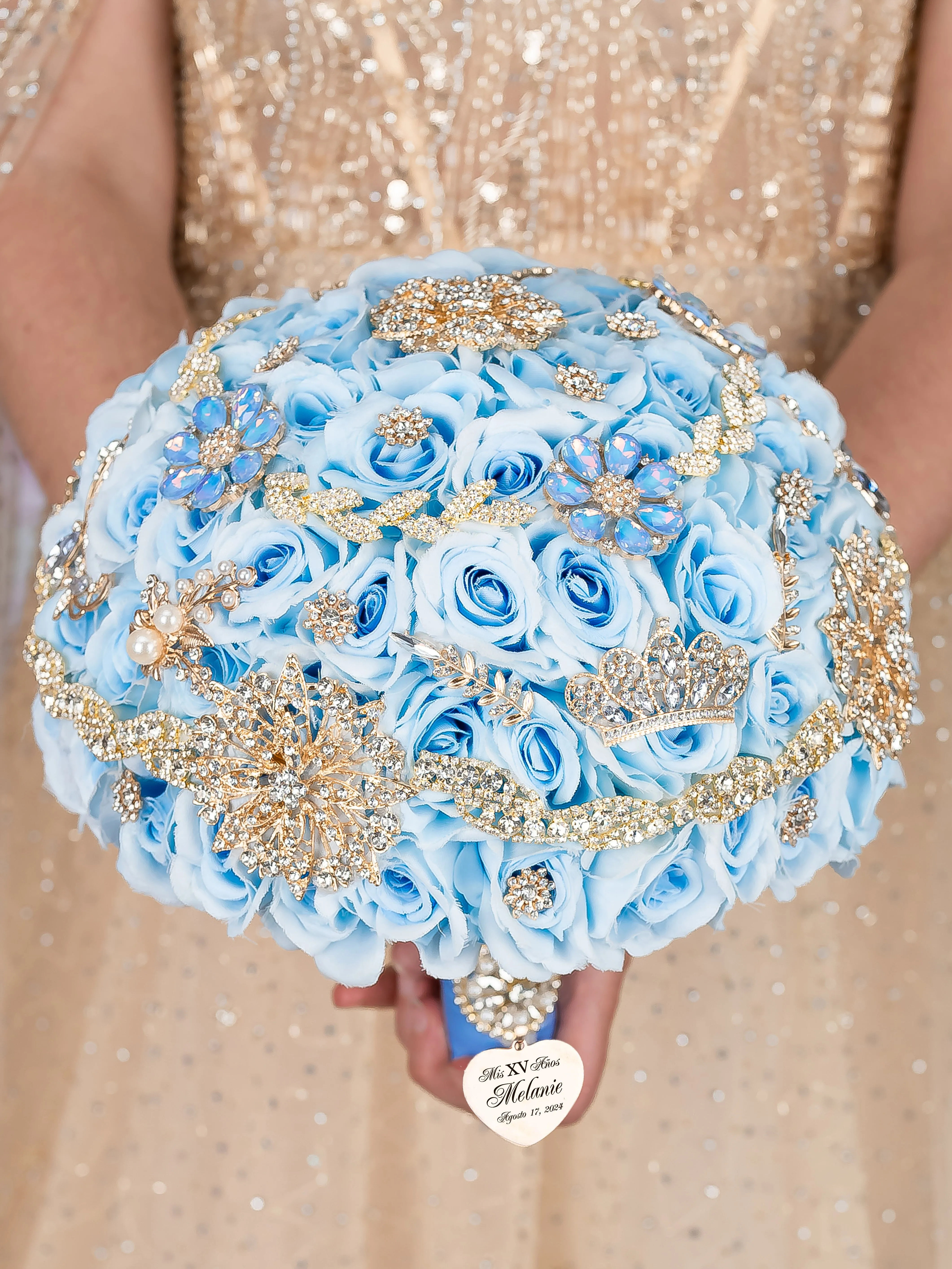 Light Blue Gold  quinceanera bouquet 9 inches