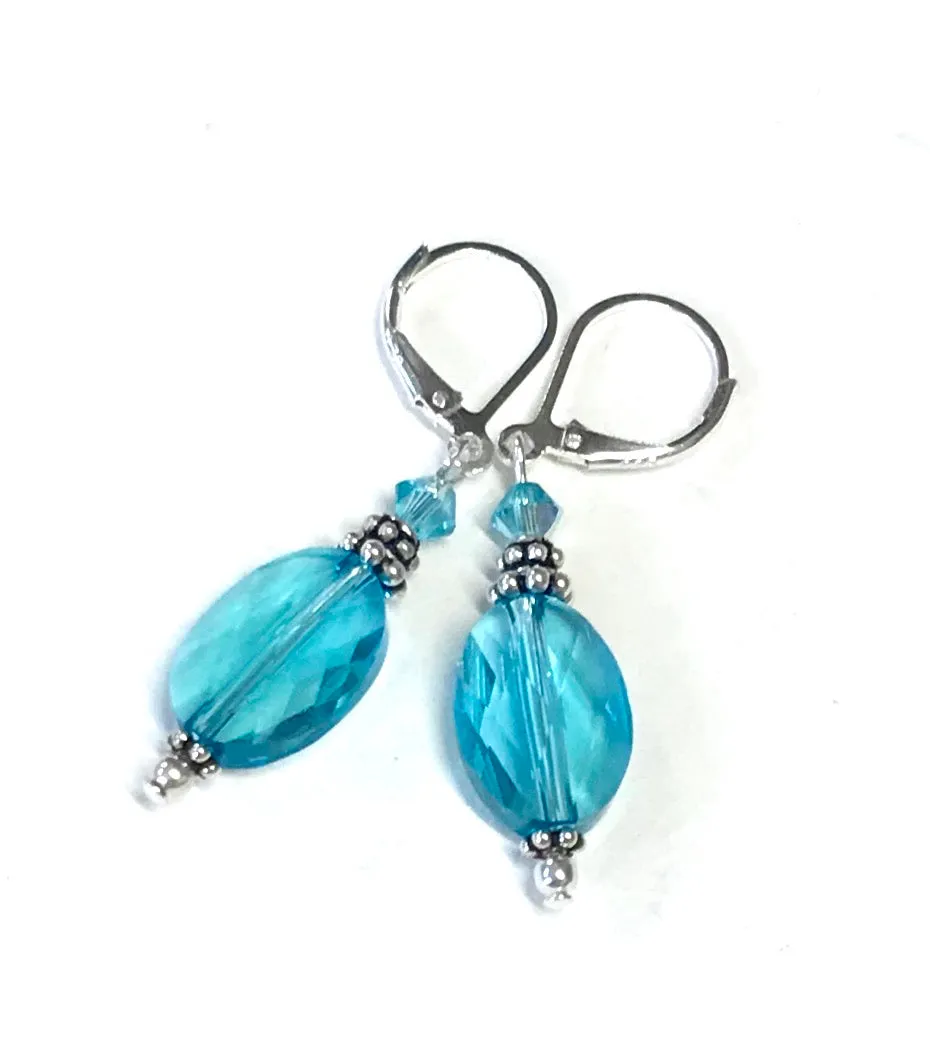 Light Turquoise Crystal Earrings - Oval - Sterling Silver Leverbacks