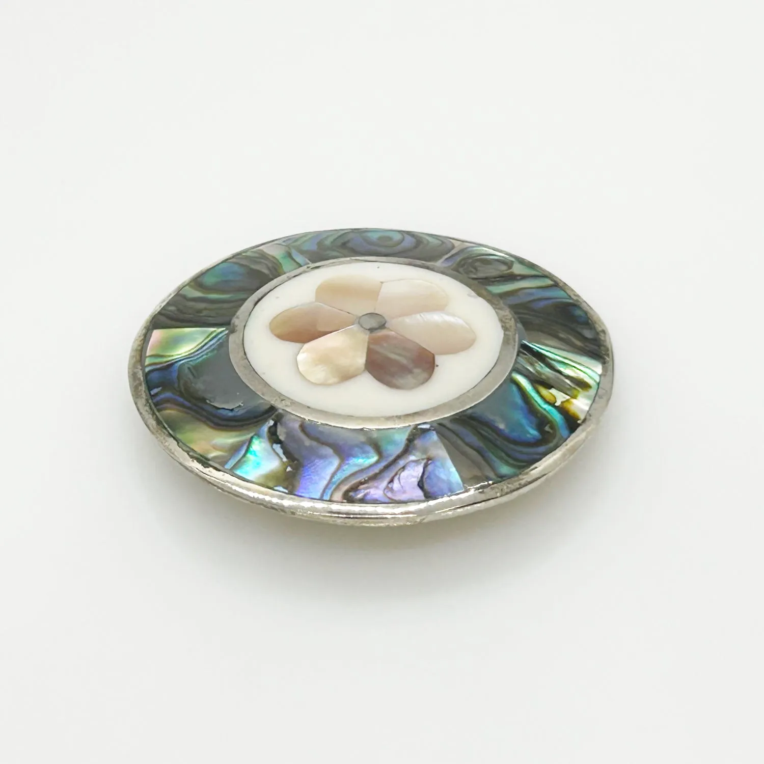 Lovely Mother of Pearl and Abalone Shell Round Brooch