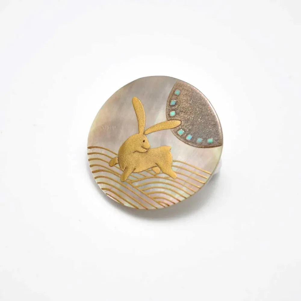 Maki-e Urushi Lacquer Brooch - Black Lip Oyster Pearl Shell / Rabbit and Wave -, Traditional Japanese Urushi Lacquer Jewelry