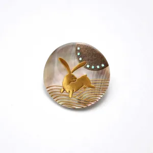 Maki-e Urushi Lacquer Brooch - Black Lip Oyster Pearl Shell / Rabbit and Wave -, Traditional Japanese Urushi Lacquer Jewelry