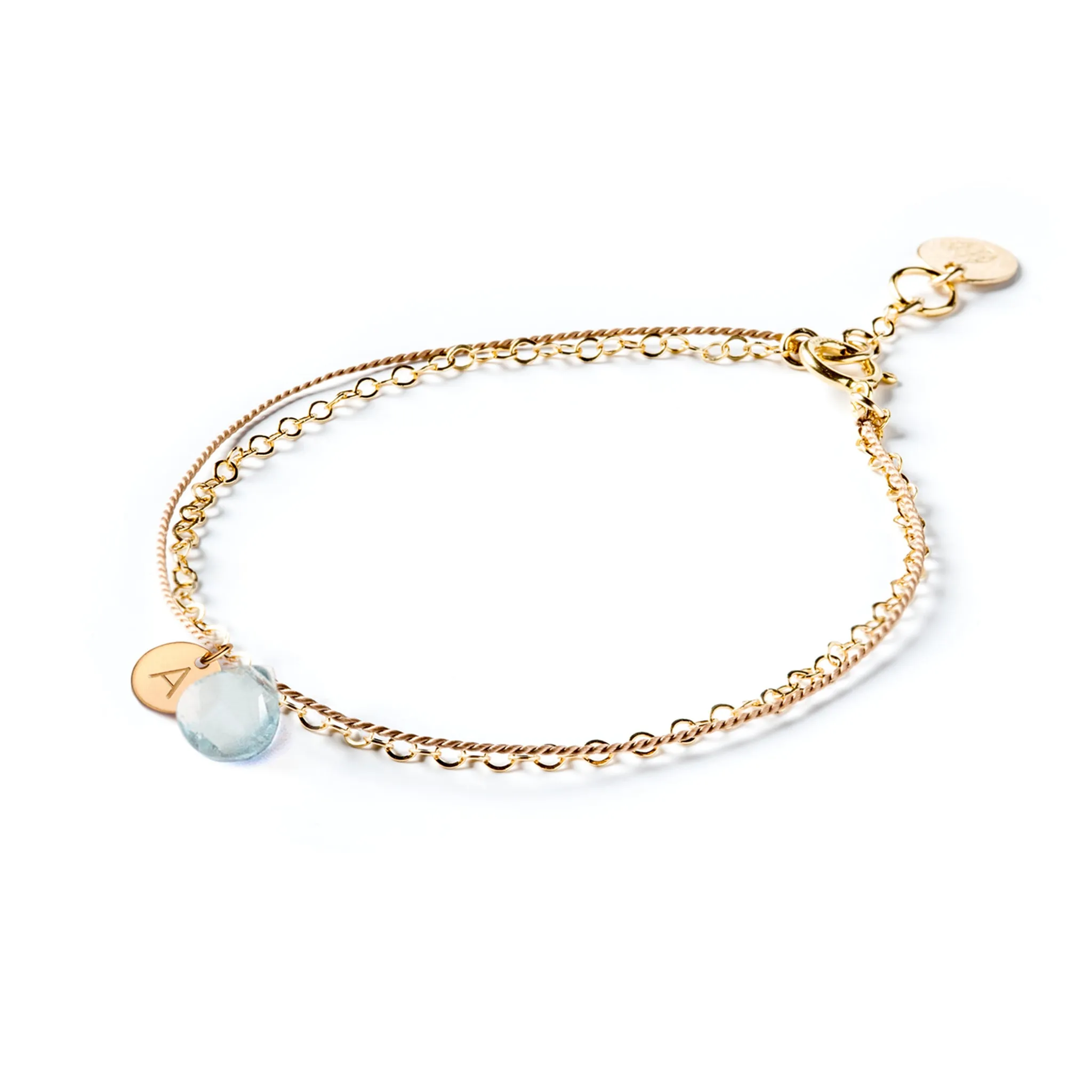 March Aquamarine Gold and Silk Birthstone Bracelet