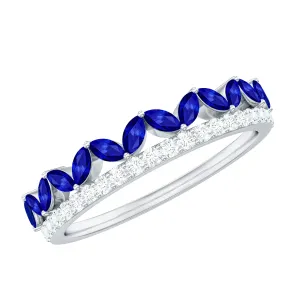 Marquise Cut Created Blue Sapphire Half Eternity Stackable Ring with Diamond