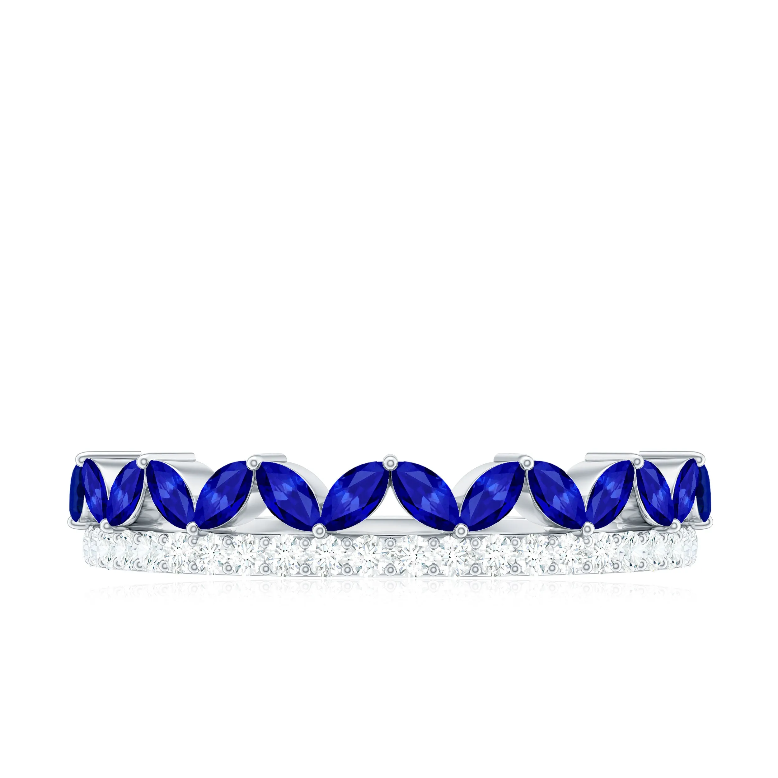 Marquise Cut Created Blue Sapphire Half Eternity Stackable Ring with Diamond