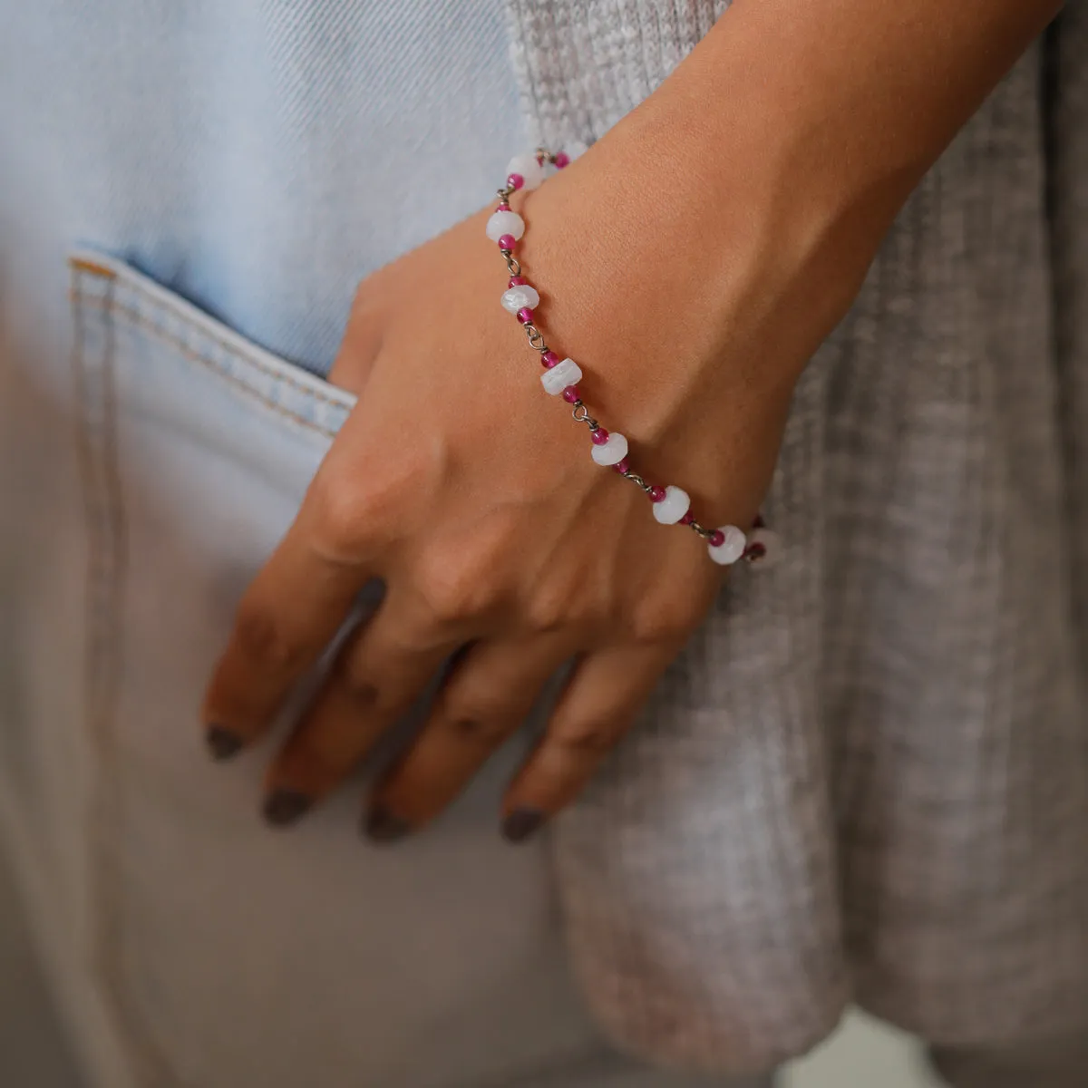 Moonstone and Ruby Silver Bracelet