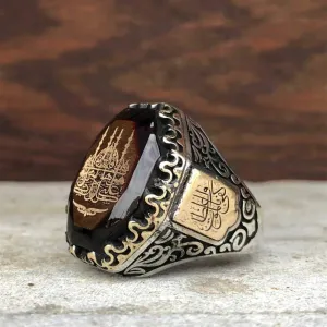 Mosque Motif on Amber Stone Silver Ring