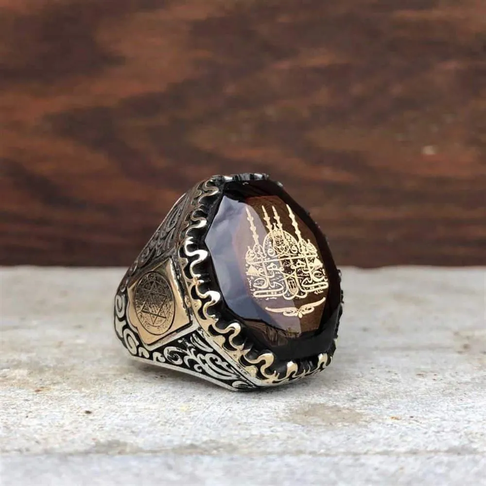 Mosque Motif on Amber Stone Silver Ring