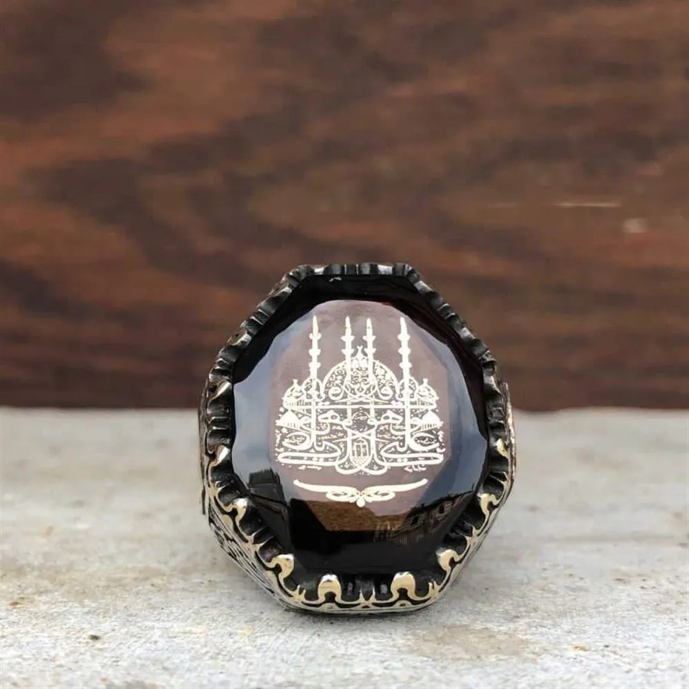 Mosque Motif on Amber Stone Silver Ring