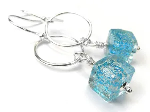 Murano Glass Cube Earrings - Aqua and White Gold