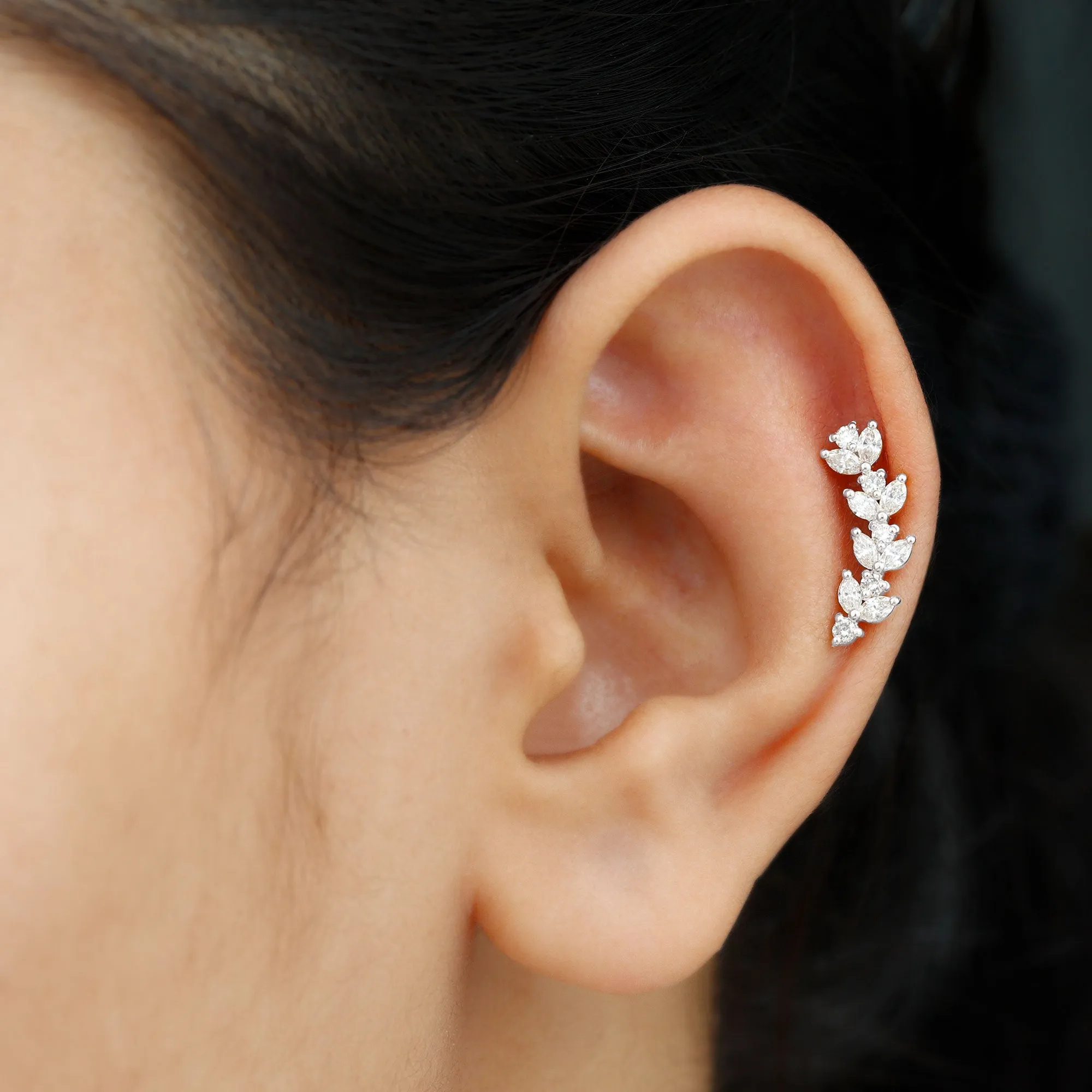 Nature Inspired Diamond Leaf Crawler Helix Earring