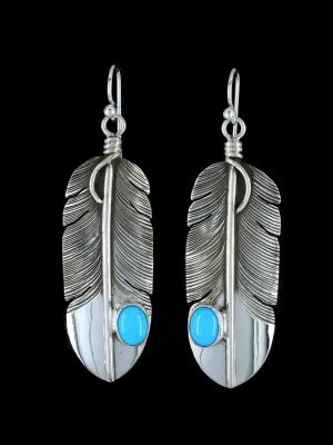 Navajo Sterling Silver Turquoise Feather Dangle Earrings