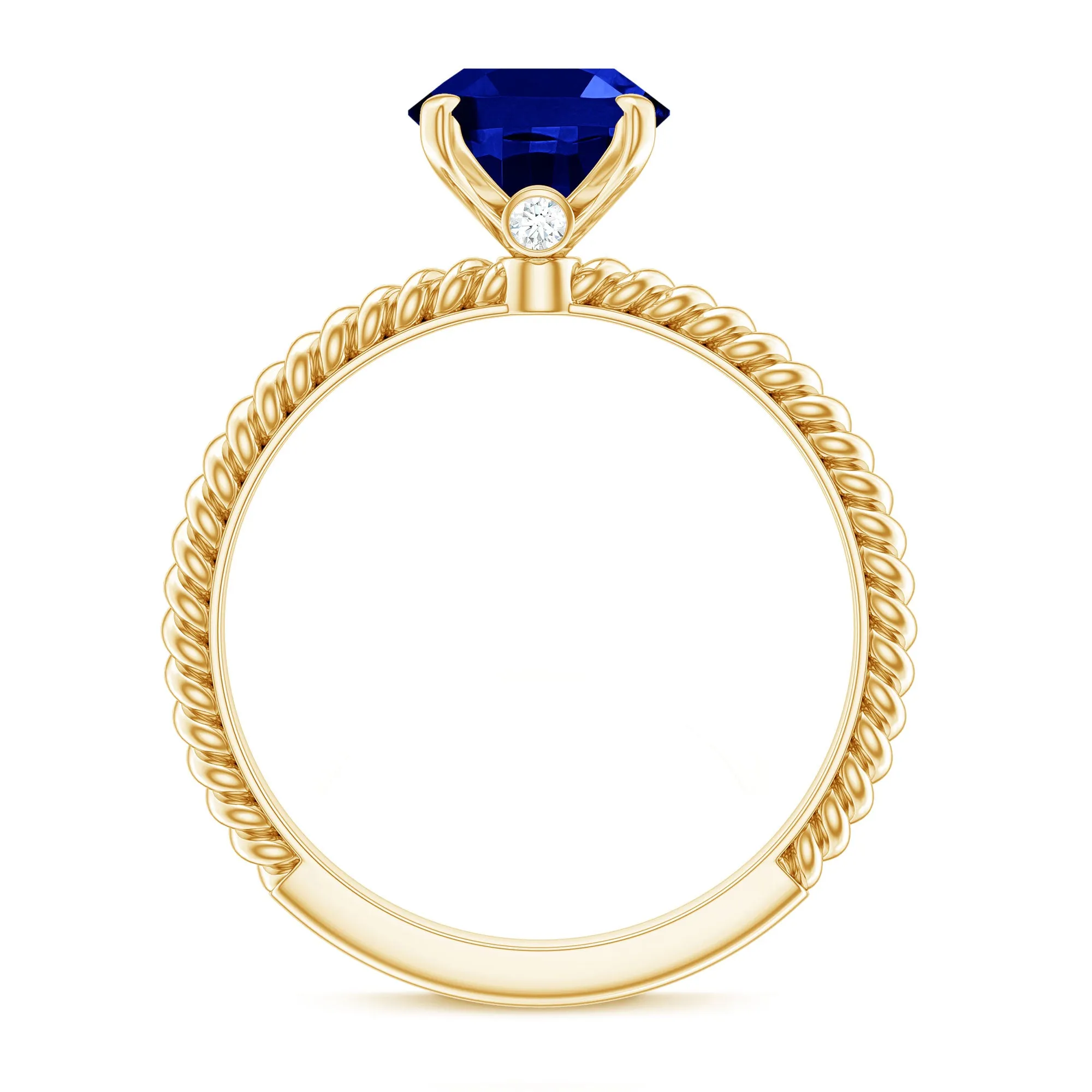 Oval Created Blue Sapphire Solitaire Ring with Surprise Diamond