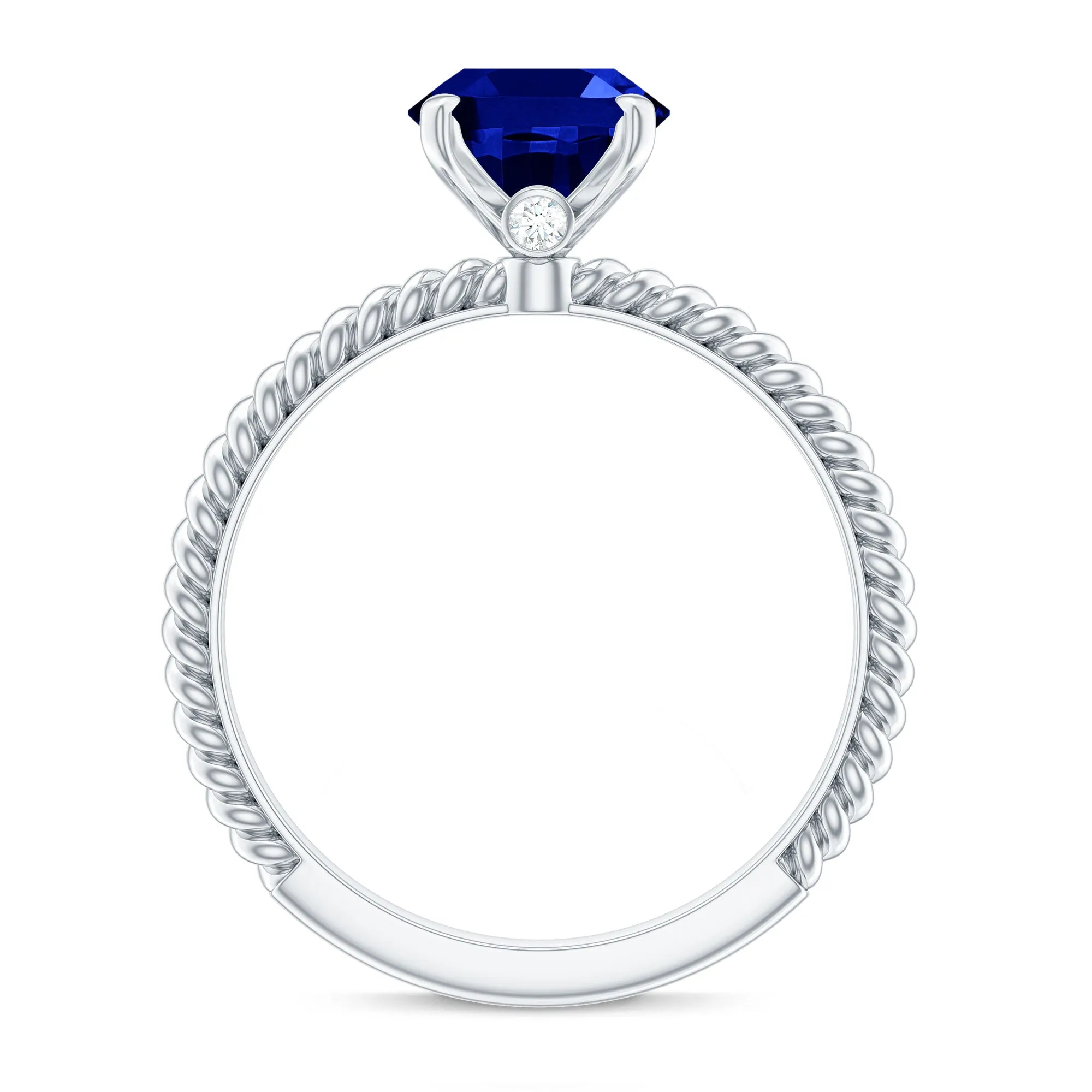 Oval Created Blue Sapphire Solitaire Ring with Surprise Diamond