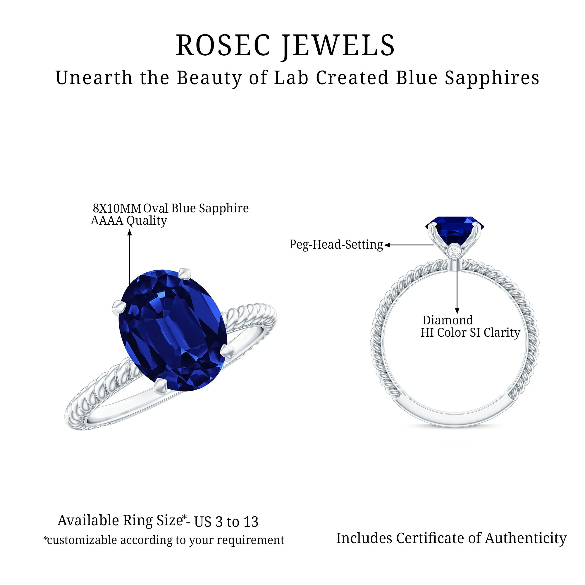 Oval Created Blue Sapphire Solitaire Ring with Surprise Diamond