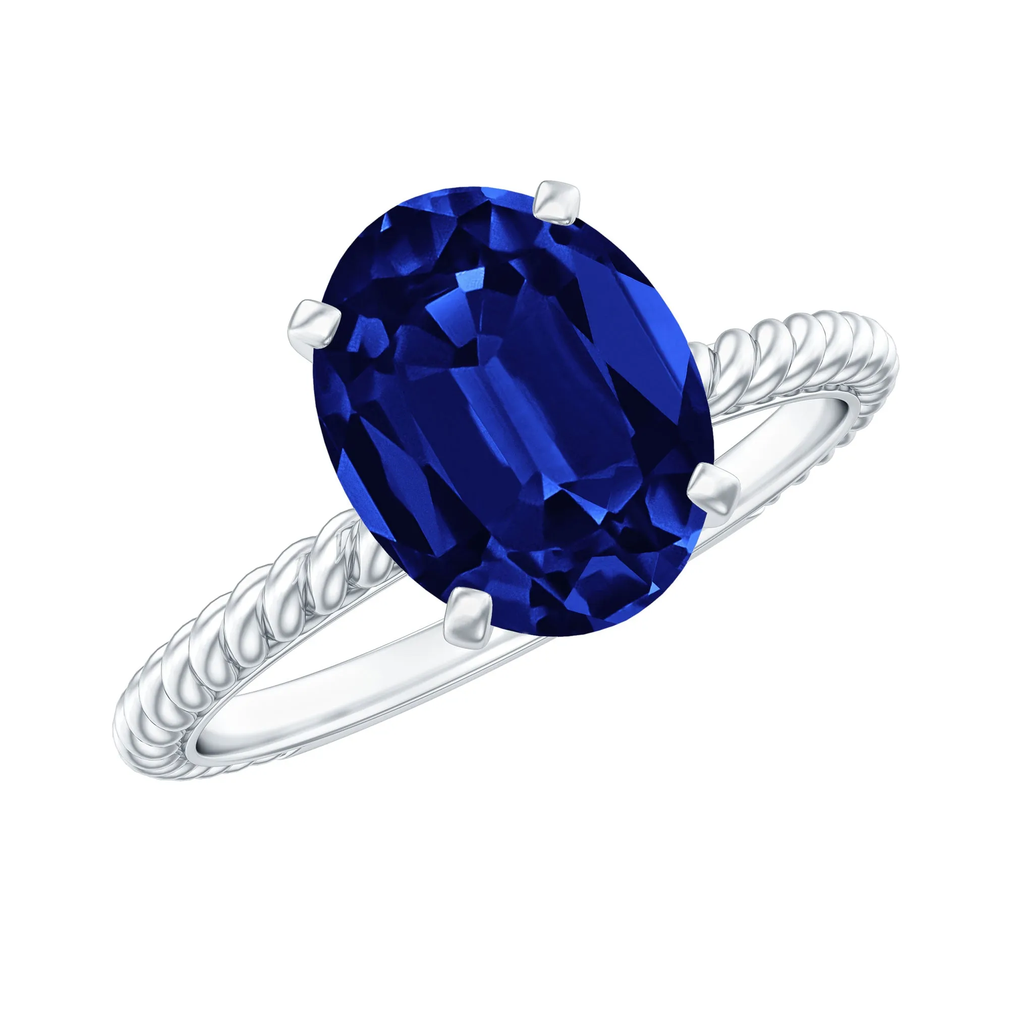 Oval Created Blue Sapphire Solitaire Ring with Surprise Diamond