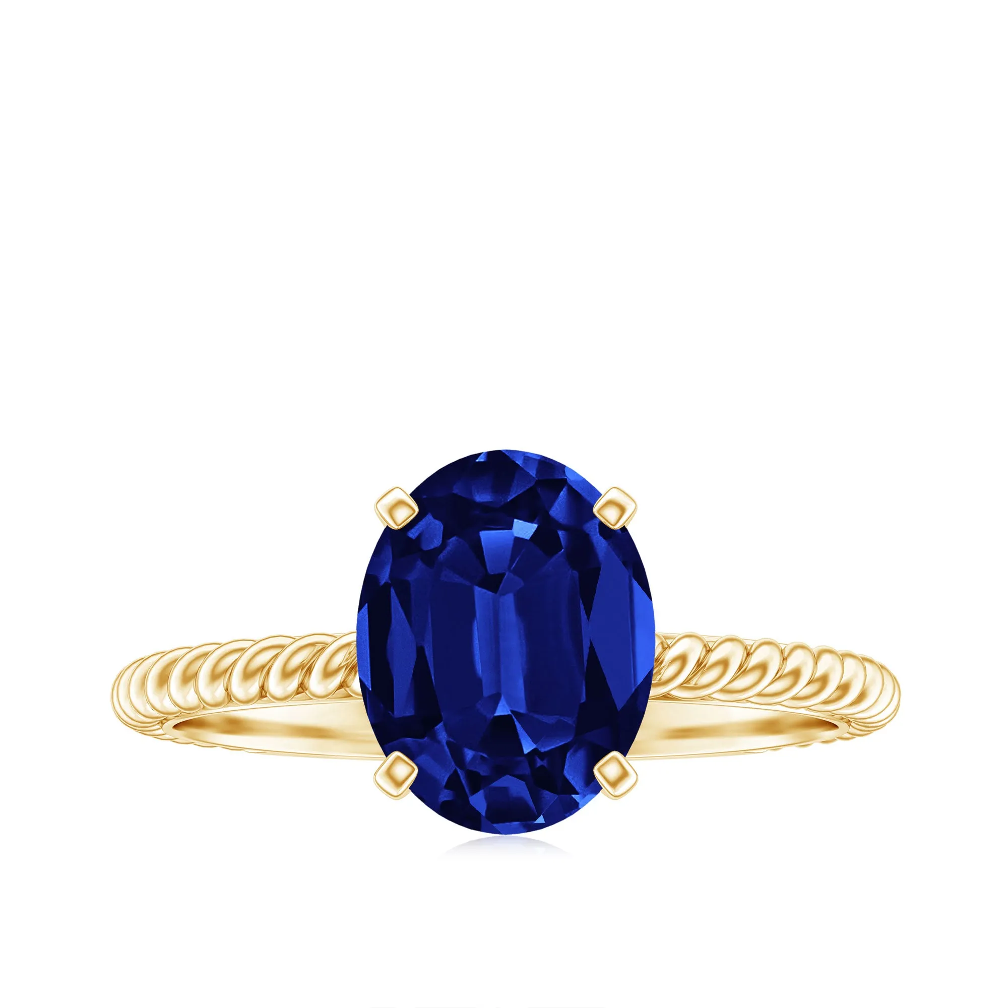 Oval Created Blue Sapphire Solitaire Ring with Surprise Diamond