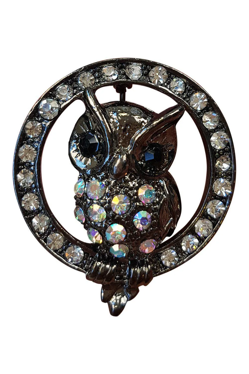 OWL BROOCH Dark Silver Circular White Gem Inlay (S)