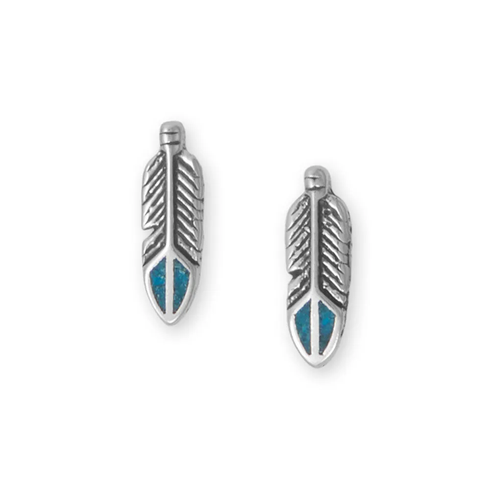 Oxidized Turquoise Chip Inlay Feather Stud Earrings