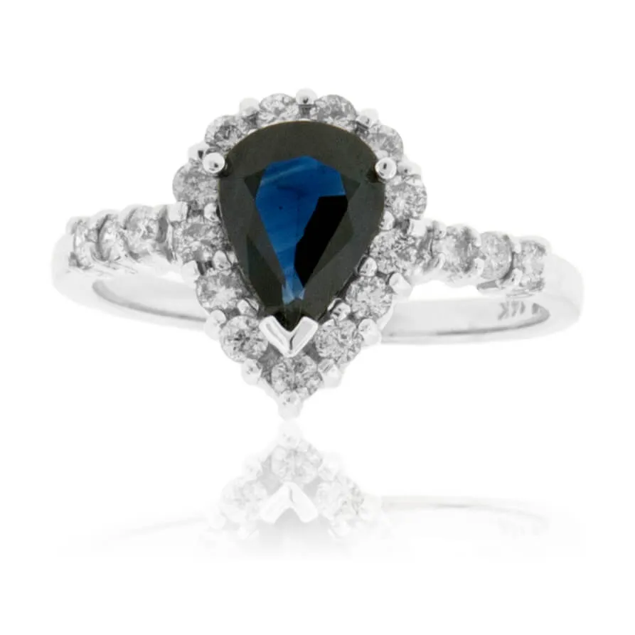 Pear Shaped Blue Sapphire & Diamond Halo Ring