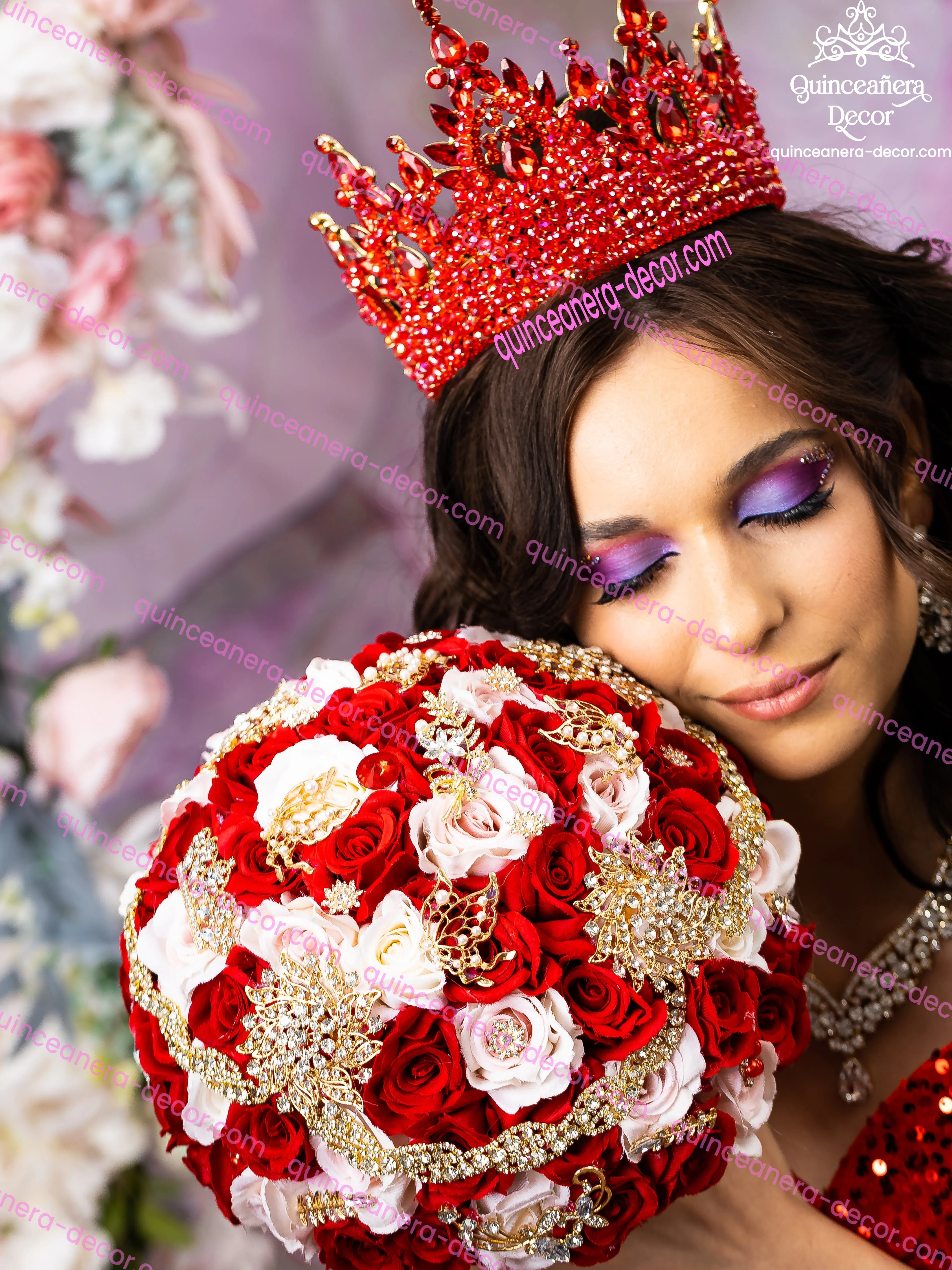 Quinceanera red and gold bouquet 9 inches