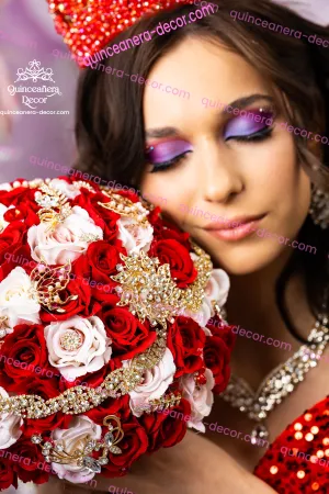 Quinceanera red and gold bouquet 9 inches