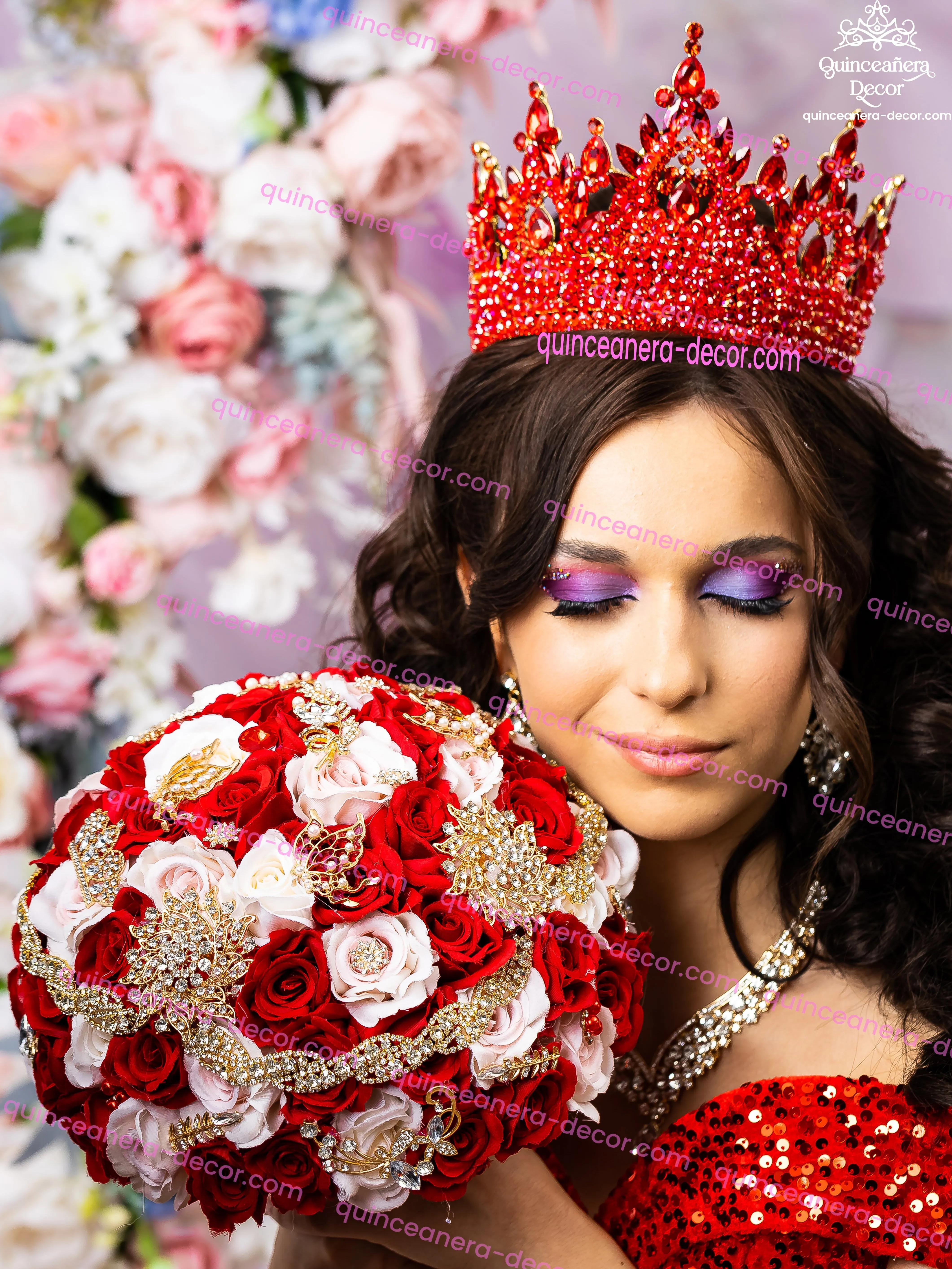 Quinceanera red and gold bouquet 9 inches