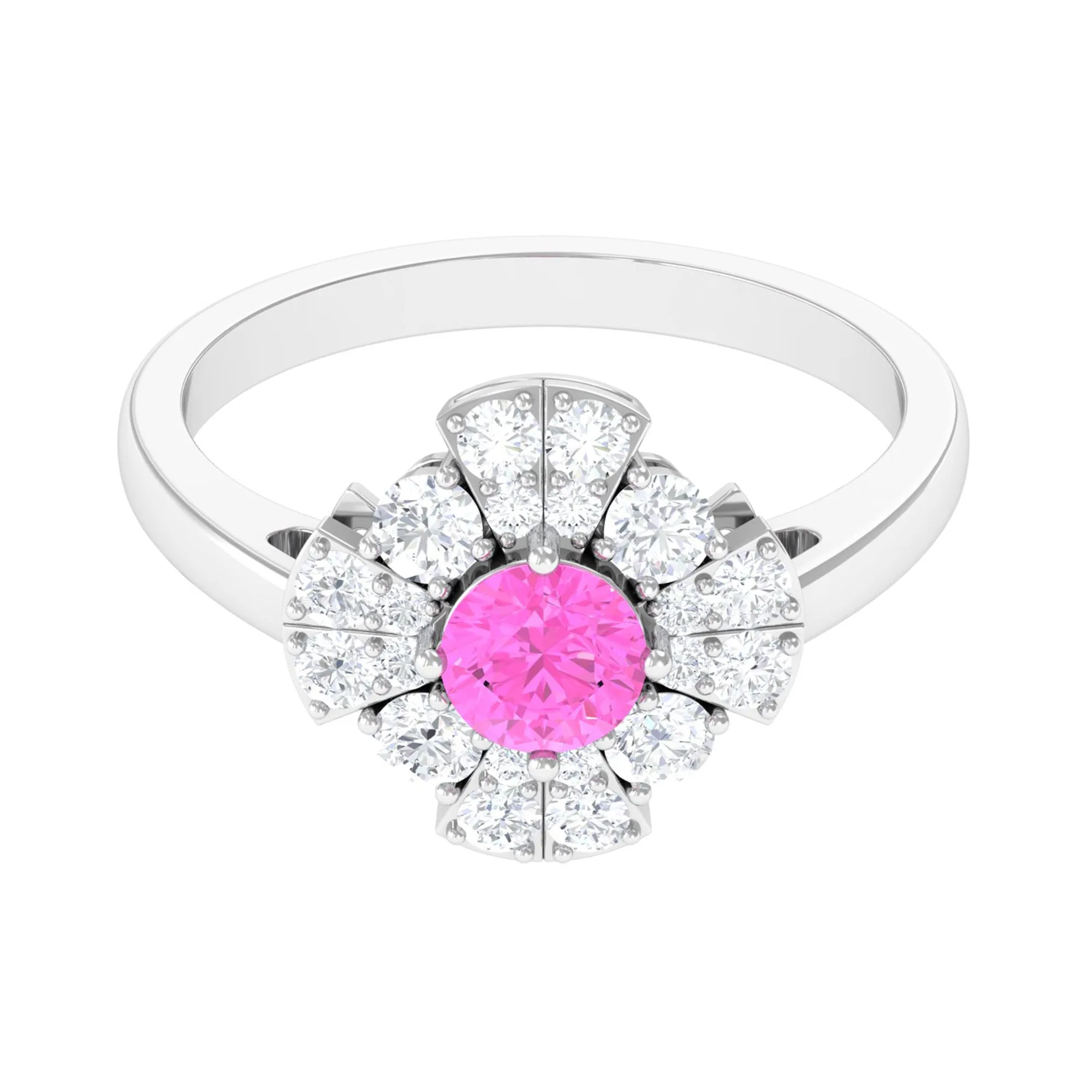 Real Pink Sapphire Flower Engagement Ring with Diamond