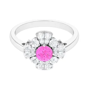 Real Pink Sapphire Flower Engagement Ring with Diamond