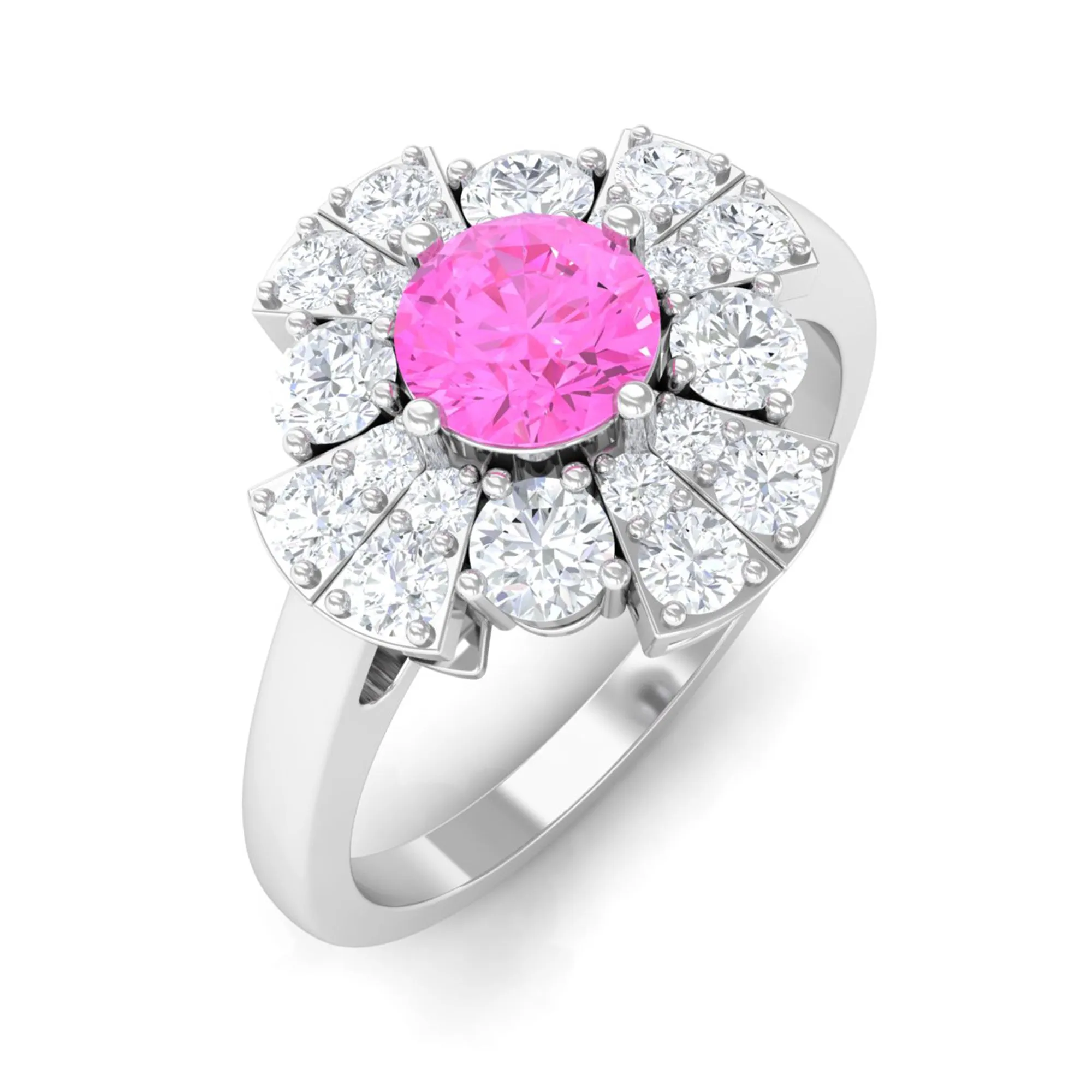 Real Pink Sapphire Flower Engagement Ring with Diamond