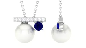 Round Freshwater Pearl and Blue Sapphire Estate Necklace with Moissanite