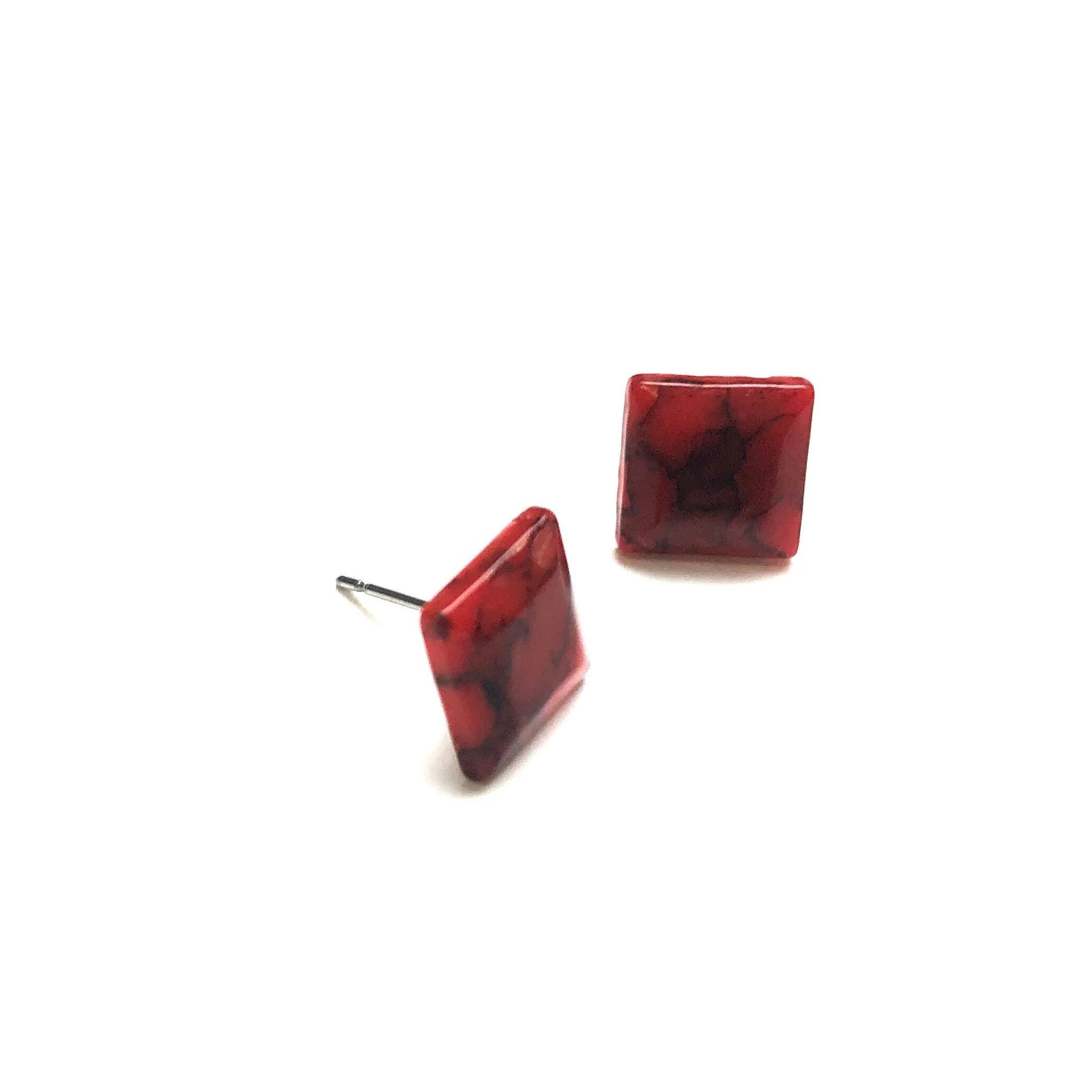 Rust Red Mosaic Flat Square Stud Earrings