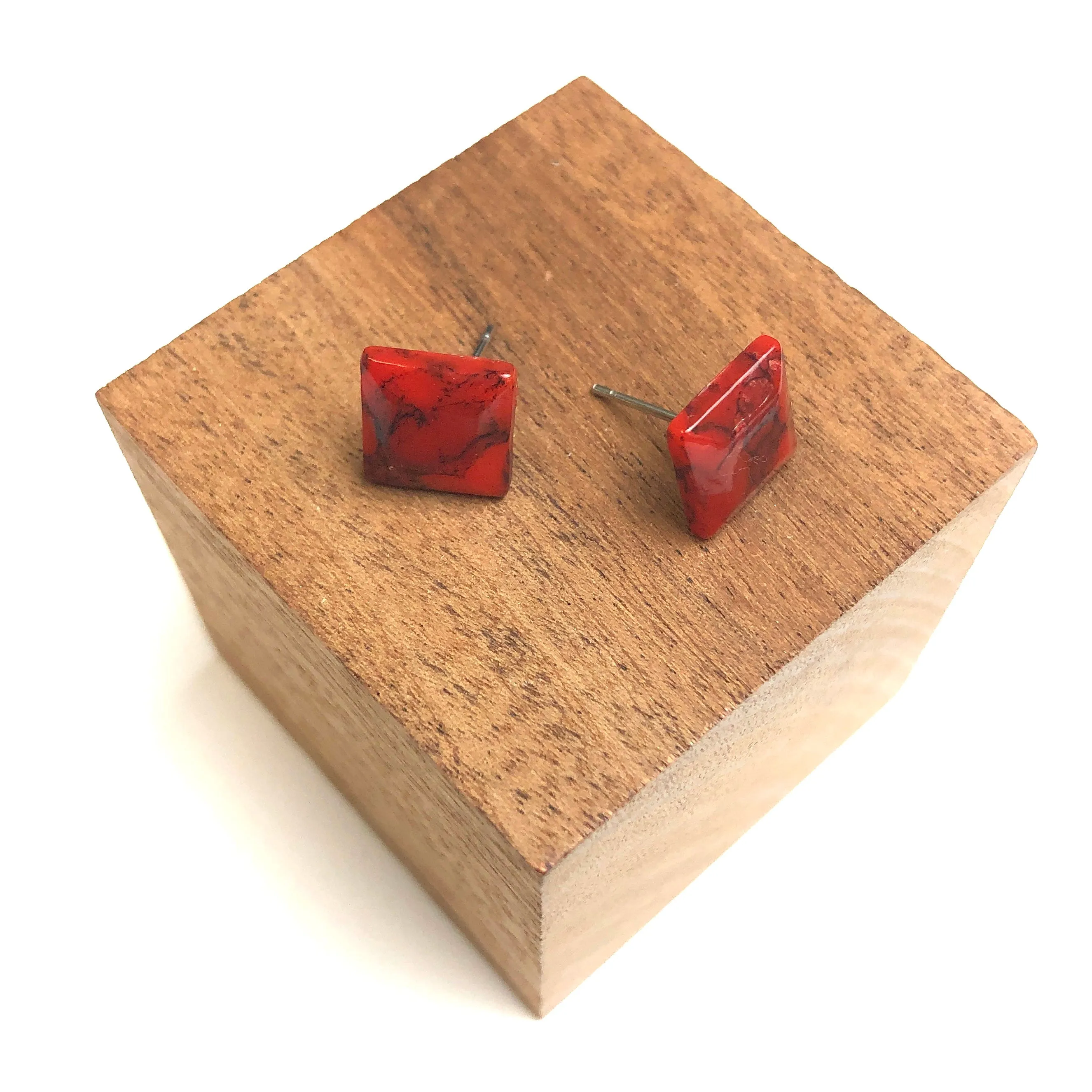 Rust Red Mosaic Flat Square Stud Earrings