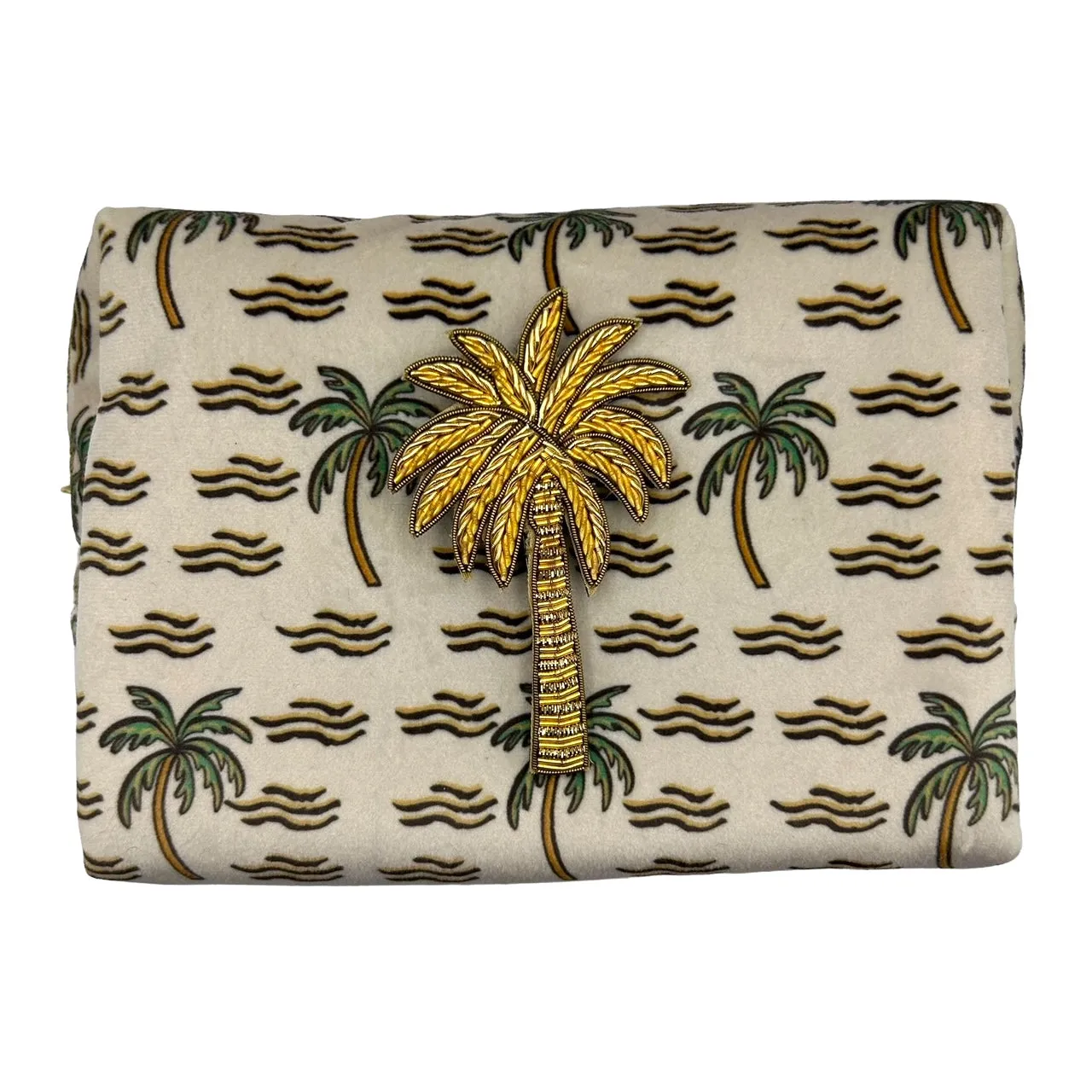 Sand palm large make-up bag & gold palm tree brooch - recycled velvet, large and small