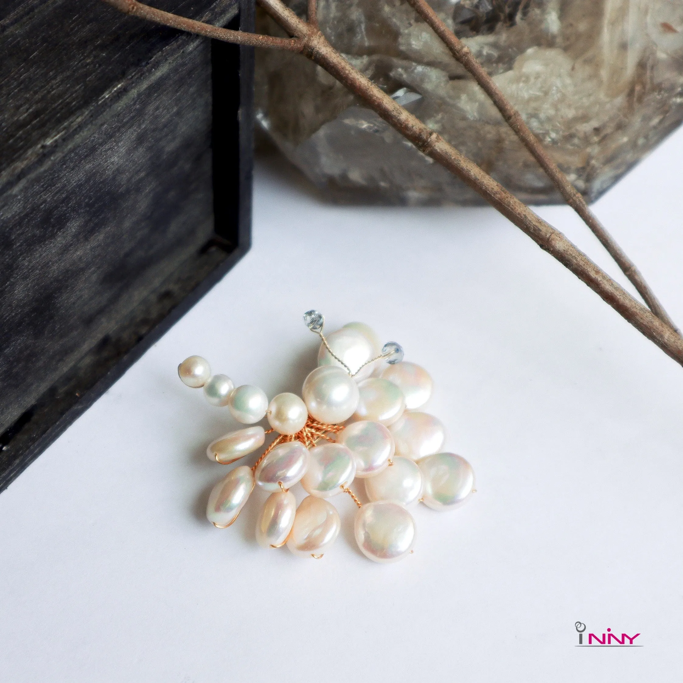 Side Butterfly Coin Fresh Water Pearl Brooch