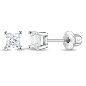 Simply Square CZ Solitaire Clear 3mm Baby / Toddler / Kids Earrings Screw Back - Sterling Silver