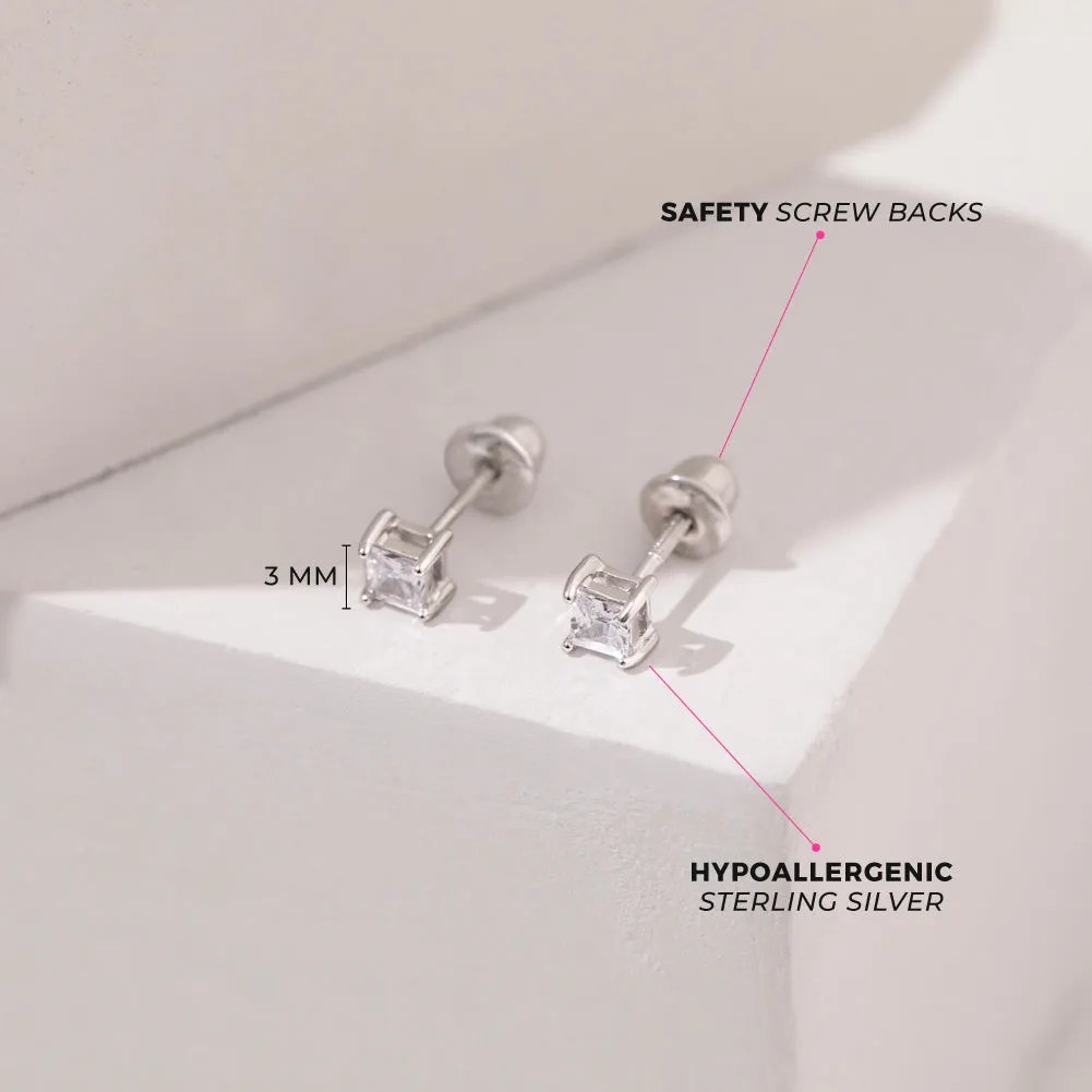 Simply Square CZ Solitaire Clear 3mm Baby / Toddler / Kids Earrings Screw Back - Sterling Silver