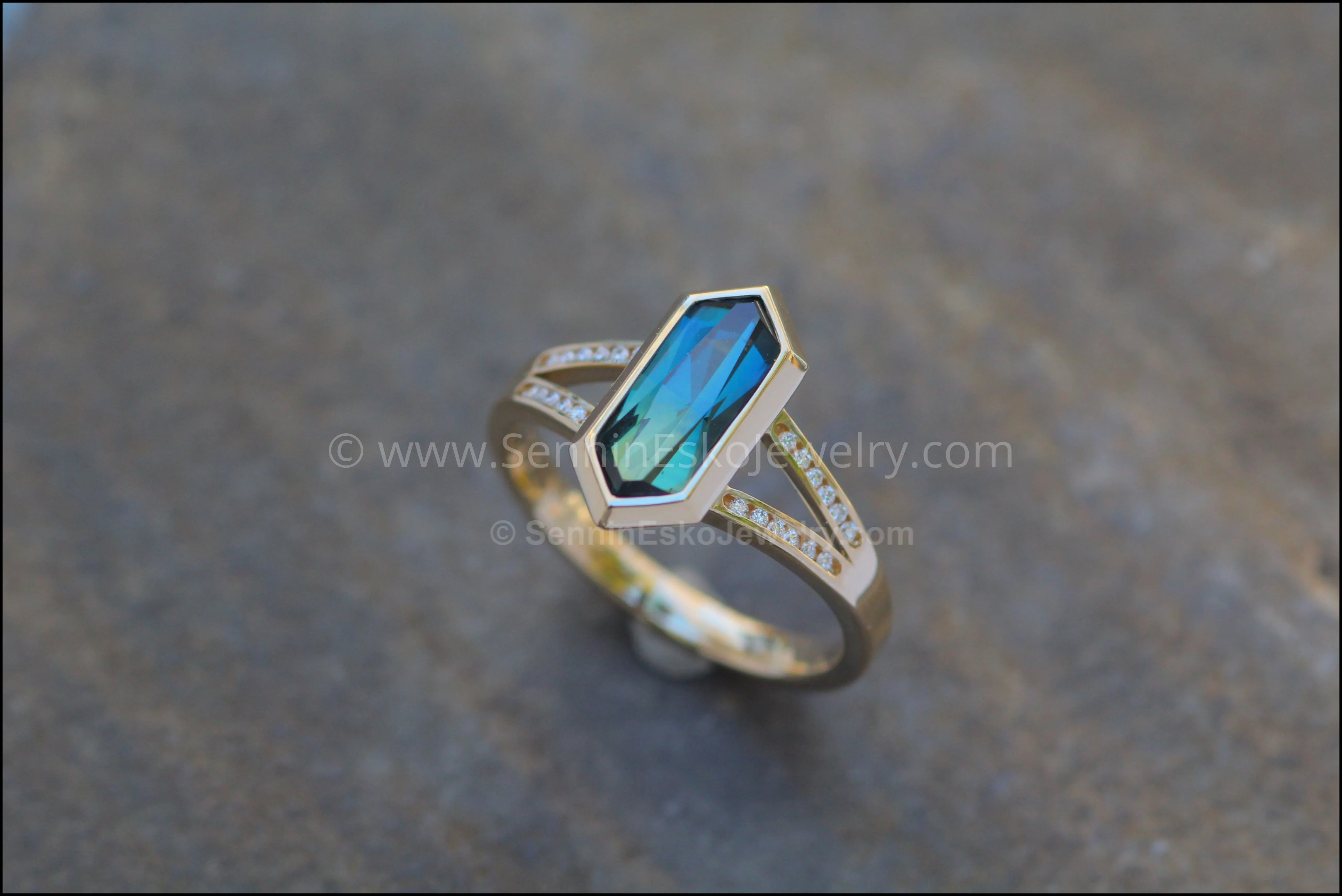 Split Shank Bezel Ring With Diamond Accents - Depicted with a Parti Sapphire (Setting Only, Center Stone Sold Separately)