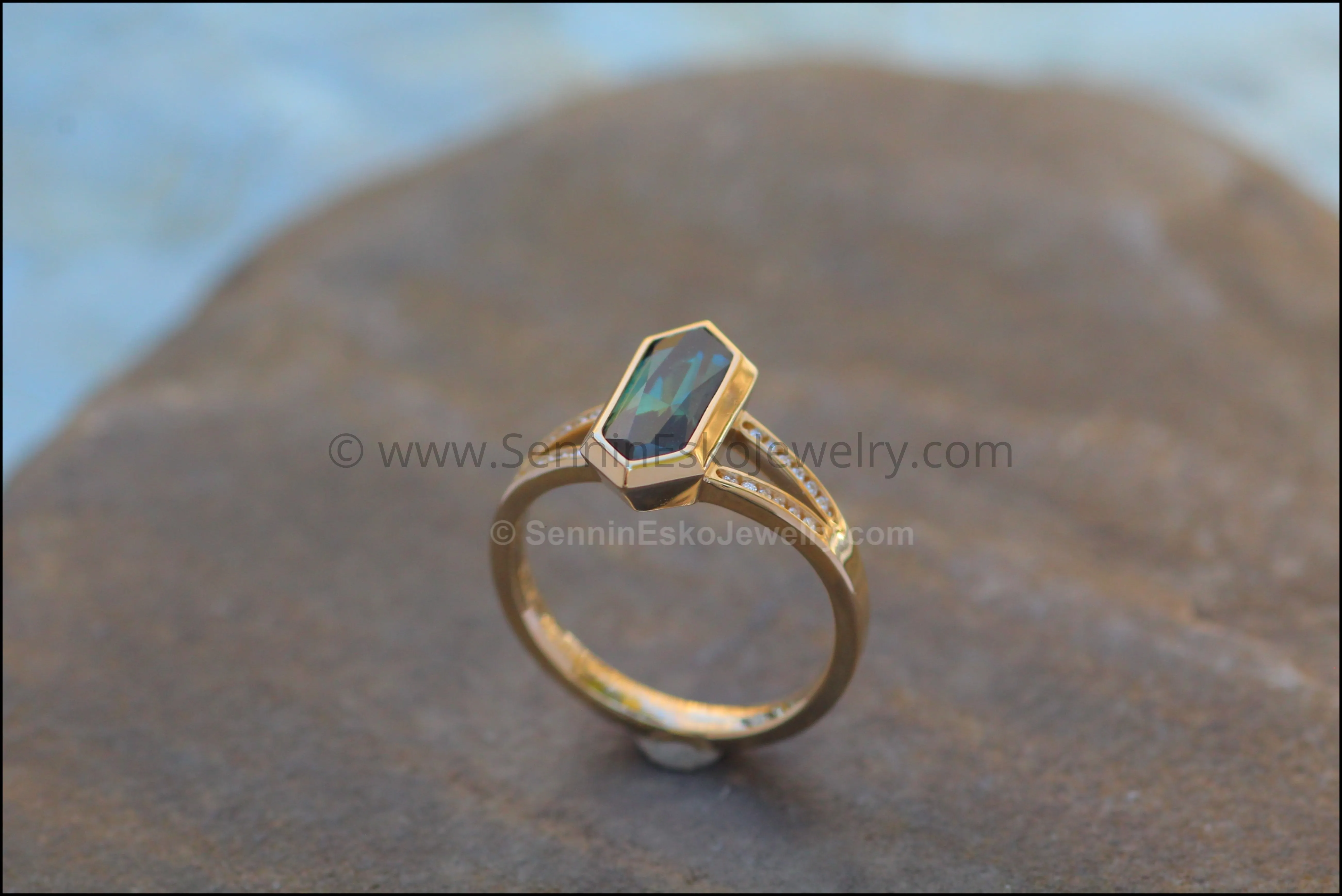 Split Shank Bezel Ring With Diamond Accents - Depicted with a Parti Sapphire (Setting Only, Center Stone Sold Separately)