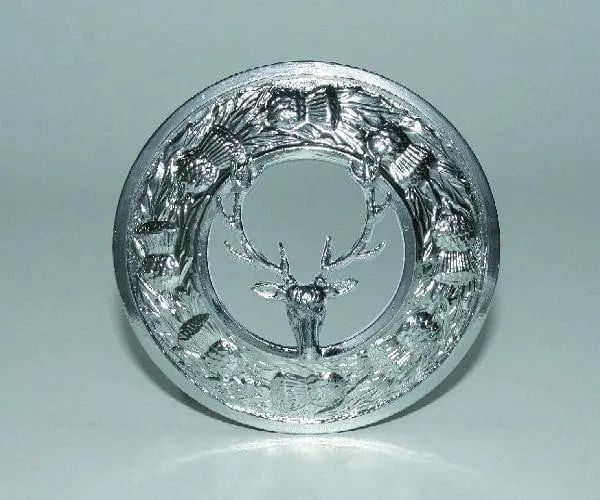 Stag Thistle Design Plaid Brooch - Chrome Finish