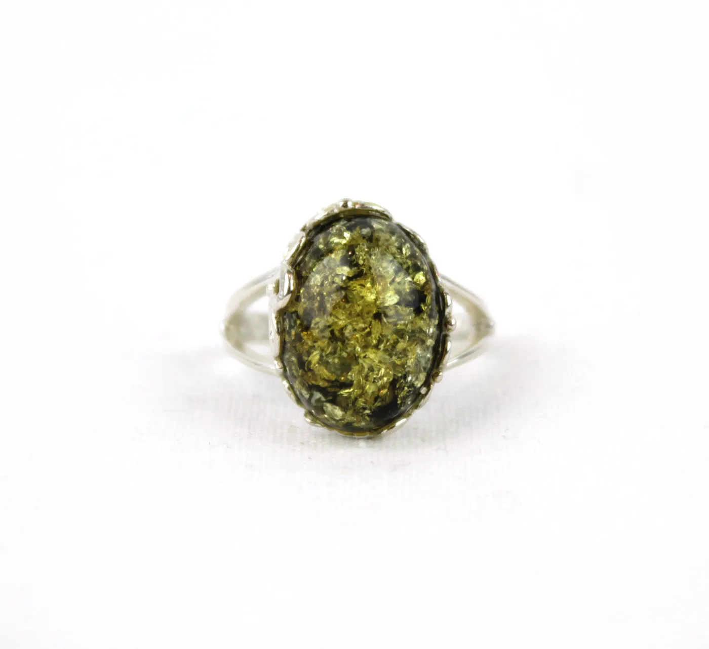 Sterling Silver Genuine Green Amber Amulet Ring