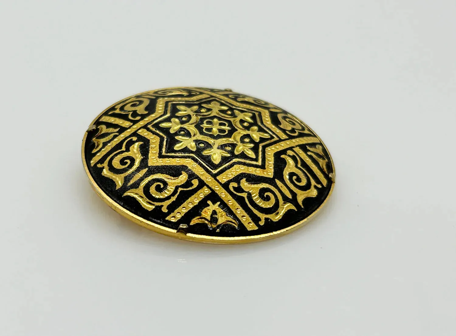 Striking Black and Gold Geometric Vintage Damascene Brooch