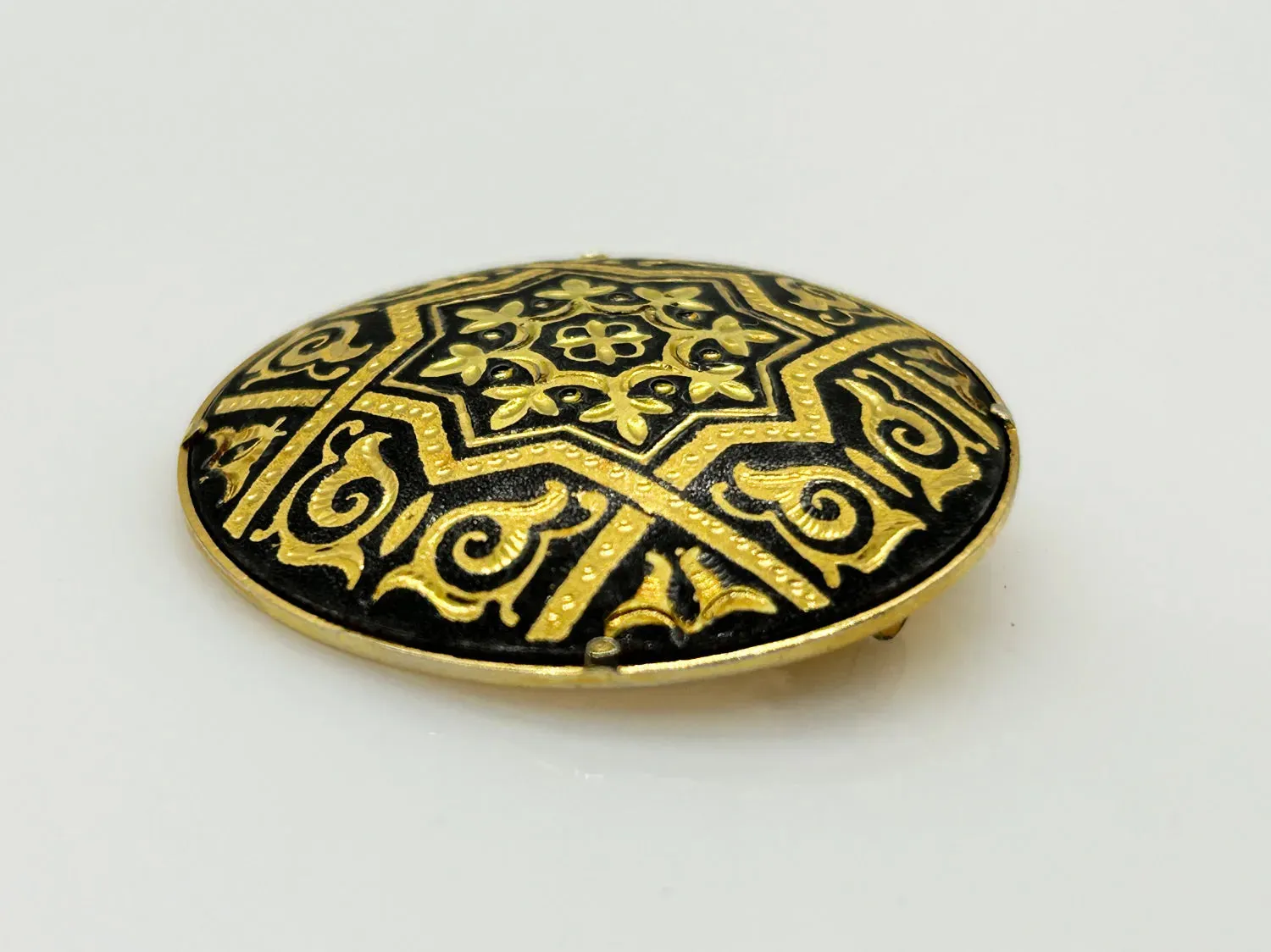 Striking Black and Gold Geometric Vintage Damascene Brooch