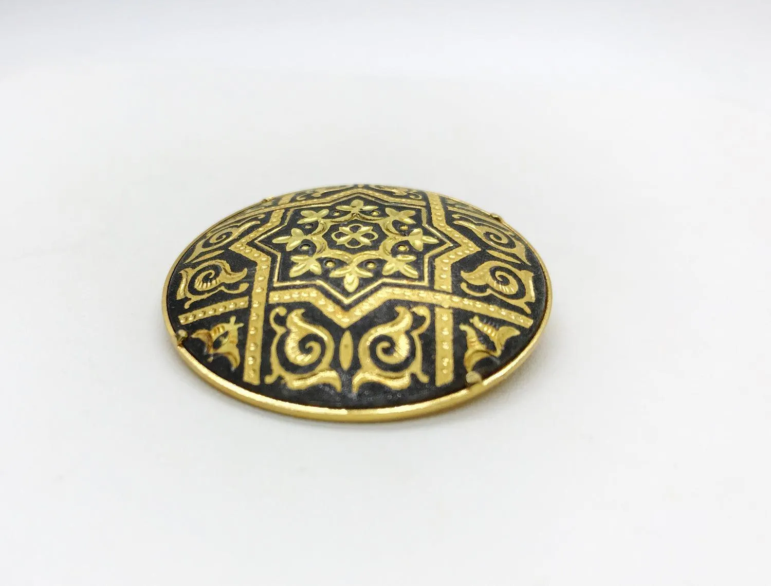 Striking Black and Gold Geometric Vintage Damascene Brooch