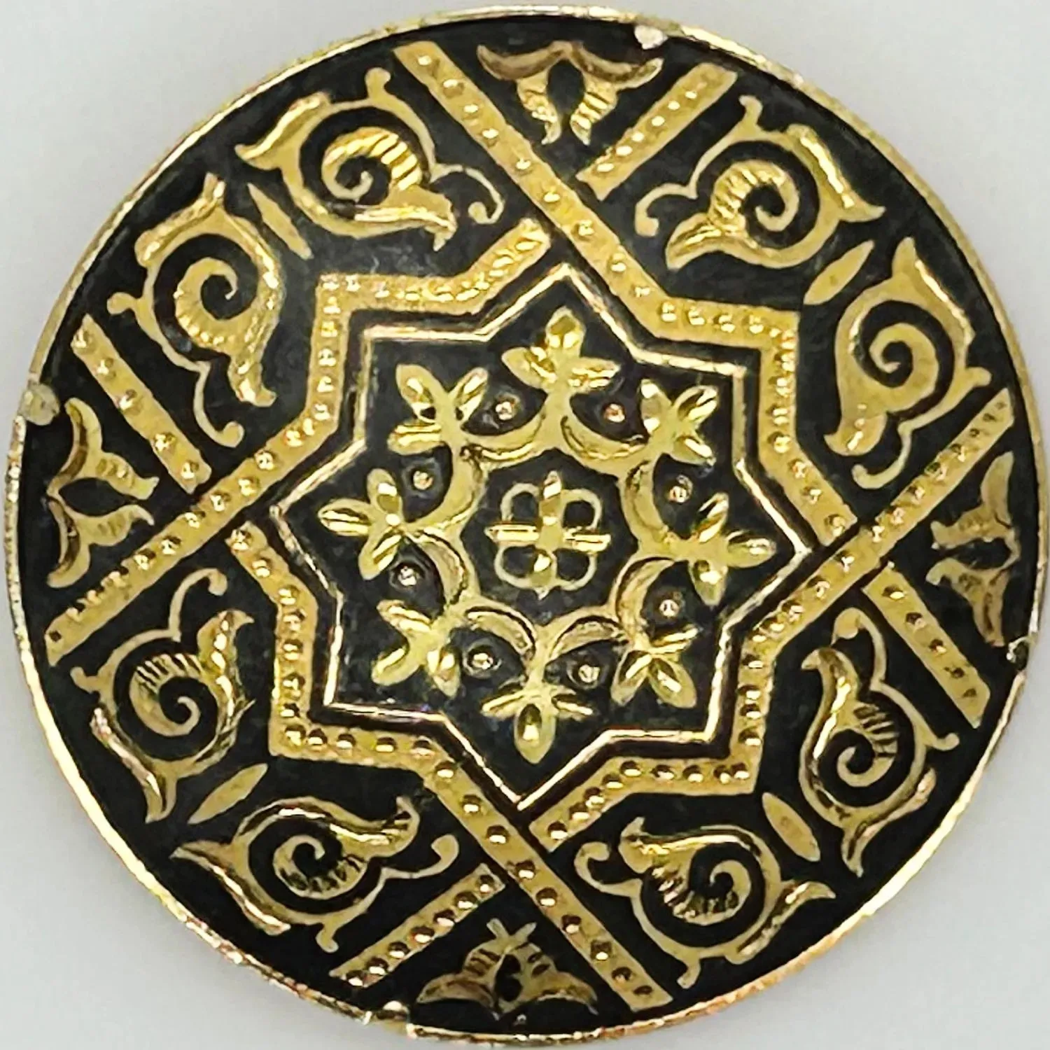 Striking Black and Gold Geometric Vintage Damascene Brooch