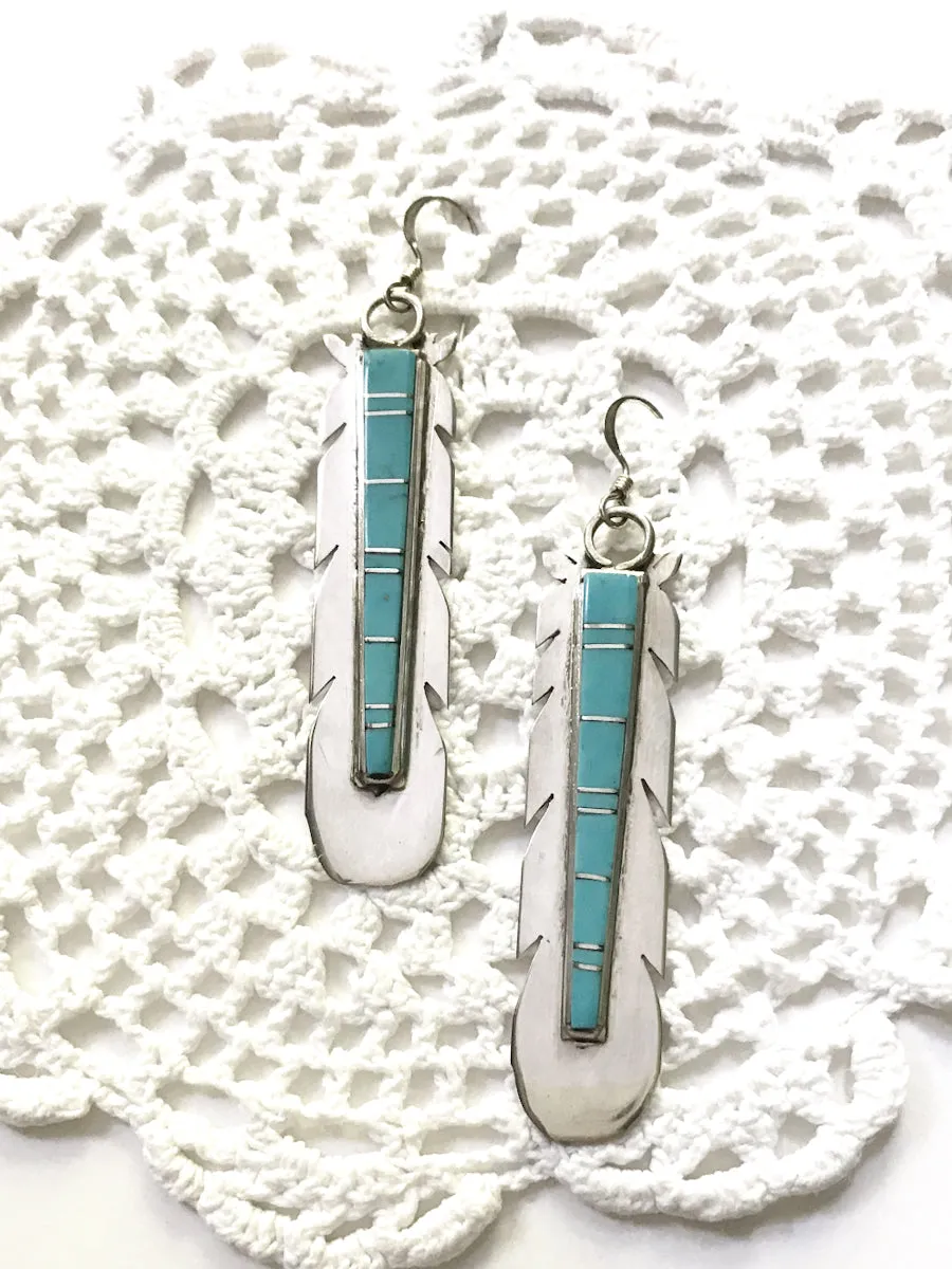 Turquoise Inlay Feather Earrings