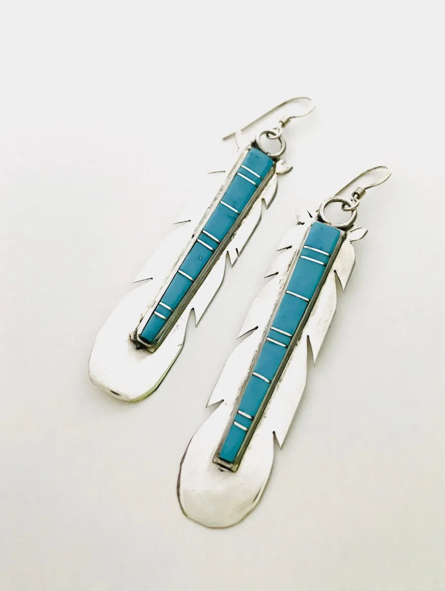 Turquoise Inlay Feather Earrings