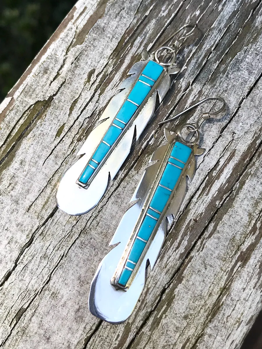 Turquoise Inlay Feather Earrings