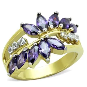 Two-Tone IP Gold (Ion Plating) Stainless Steel Ring with AAA Grade CZ in Amethyst for Women Style TK1568