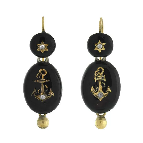 Victorian Sterling Enameled Diamond Anchor Earrings